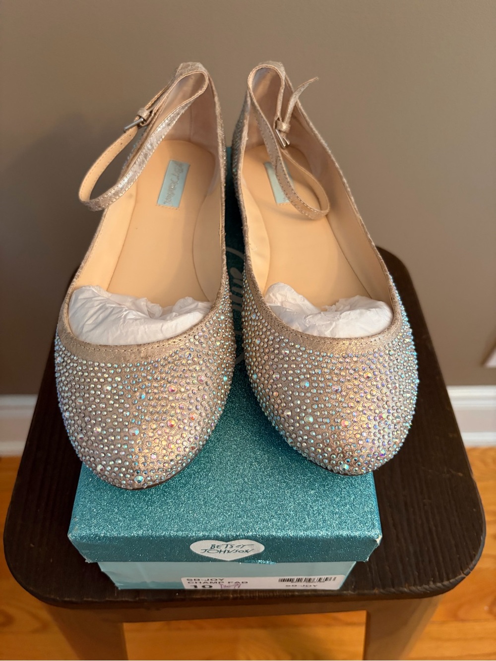 Betsey Johnson Joy Champagne Rhinestone Ankle Strap Flats